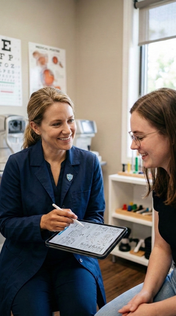 Eye care professional discussing a personalised vision training plan with a patient during an in-clinic appointment.