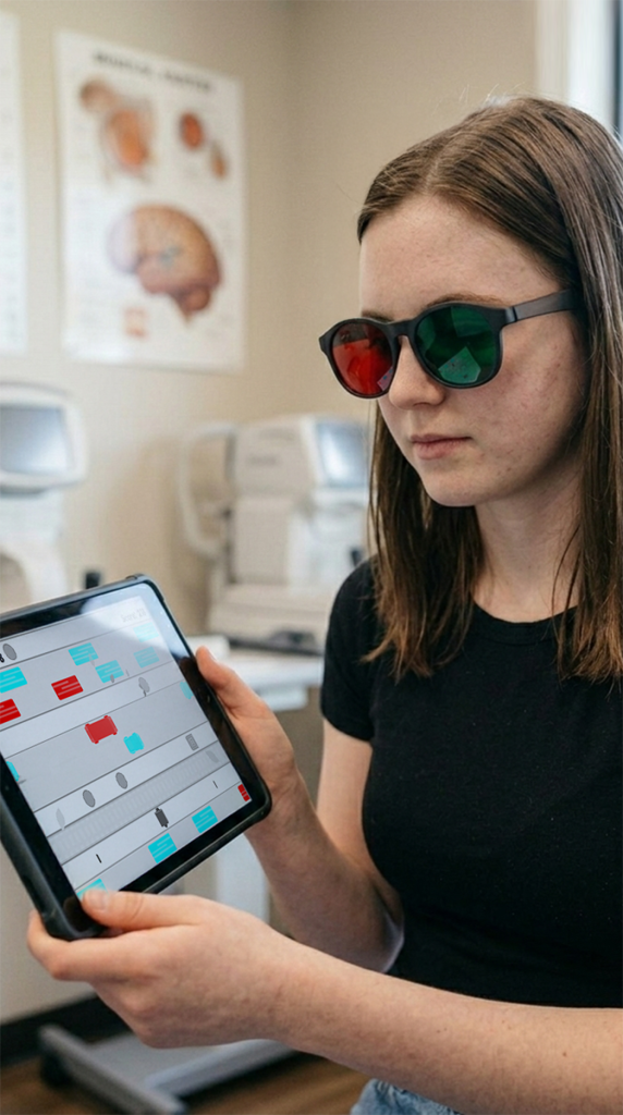 Patient wearing red-green glasses and using a tablet during a clinician-guided vision training activity.
