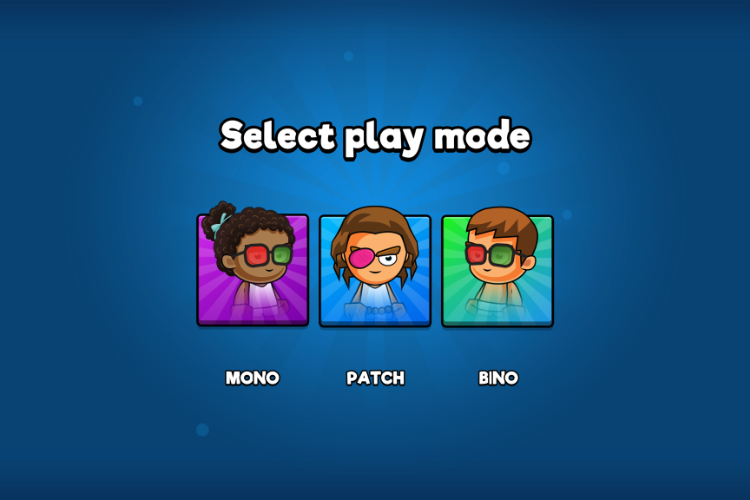 Eye Hero vision training app play mode selection showing monocular, patch, and binocular options.