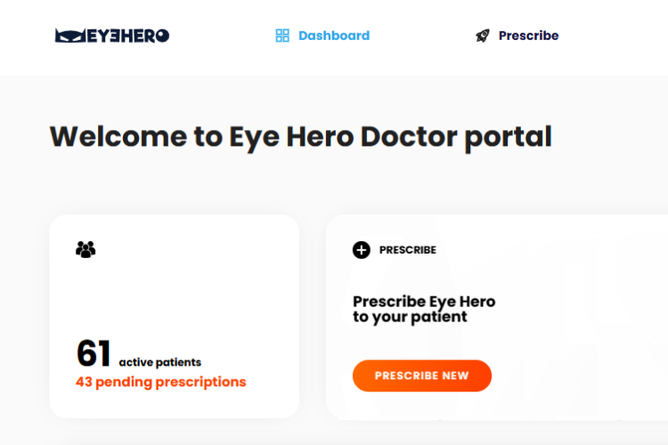 Eye Hero doctor portal dashboard showing patient management and prescription overview.