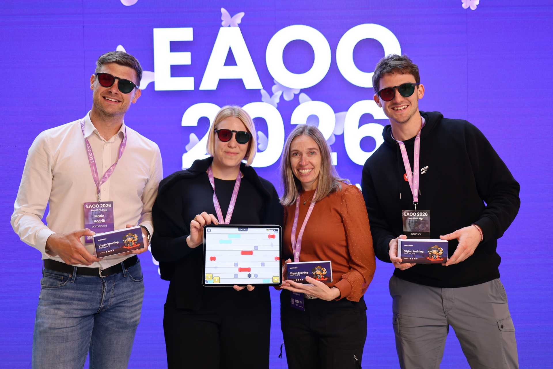 Eye Hero team presenting digital vision training tools at EAOO 2026 conference in Riga, Latvia