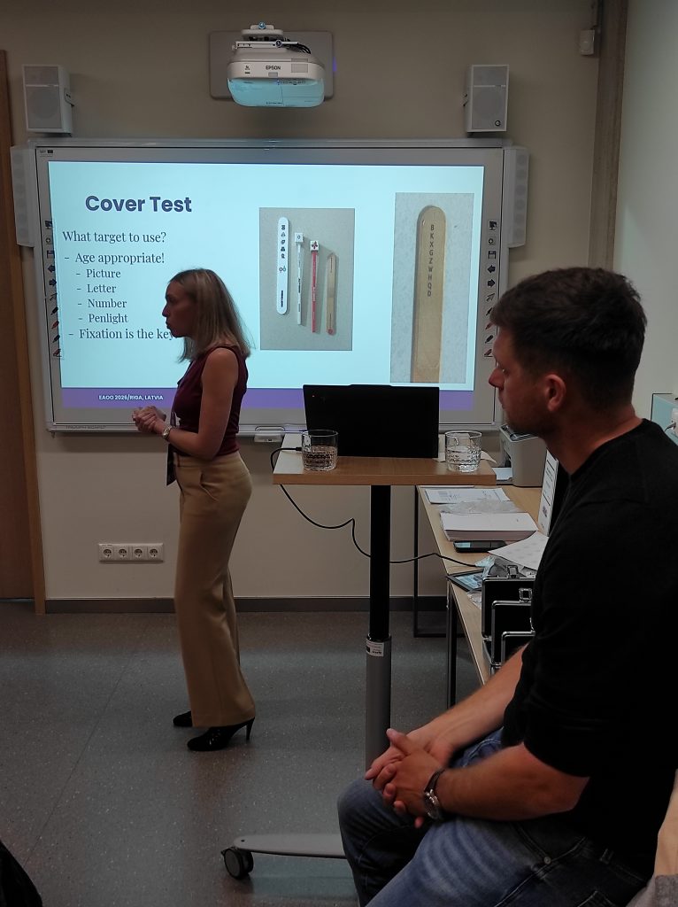 Dr. Ilana Gelfond-Polnariev presenting cover test techniques during the Eye Tracking and Teaming Assessment workshop at EAOO 2026