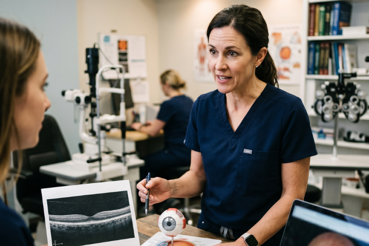 Eye care professional discussing vision concerns with a patient during a comprehensive eye examination.